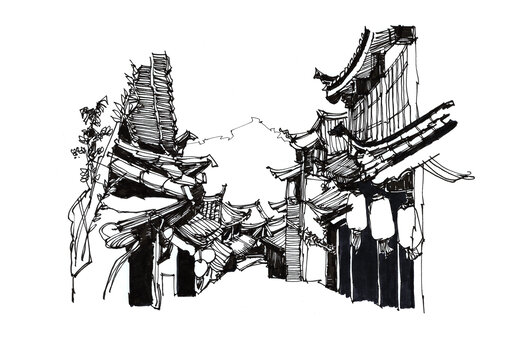 徽派建筑手繪