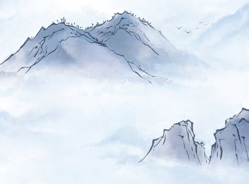水墨云霧山