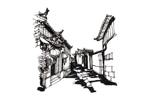 老街古鎮(zhèn)建筑手繪