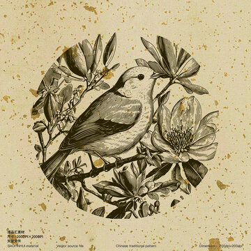 花鳥素描版畫素雅花鳥紋樣文藝
