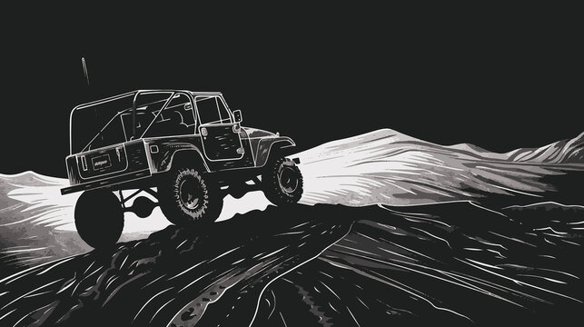 越野車爬山木刻畫矢量圖