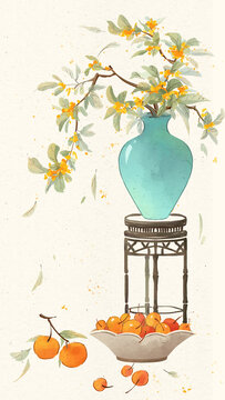 中國傳統(tǒng)節(jié)氣秋天桂花果盤插畫