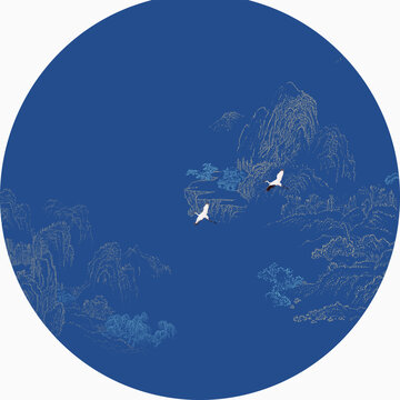 工筆圓形線描山水禪意山水畫