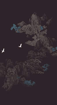 寫意框畫線描山水掛畫