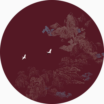 寫意圓形線描山水禪意山水畫