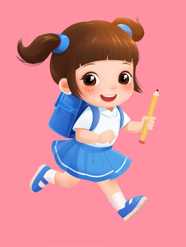 背書(shū)包拿鉛筆小學(xué)生幼兒園女孩