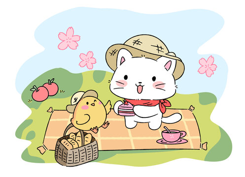 可愛小貓野炊插畫