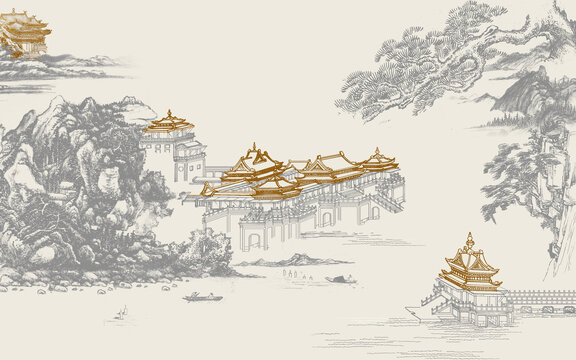 新中式金色房子浮雕閣樓建筑山水
