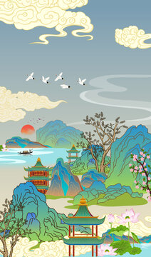 青綠山水插畫