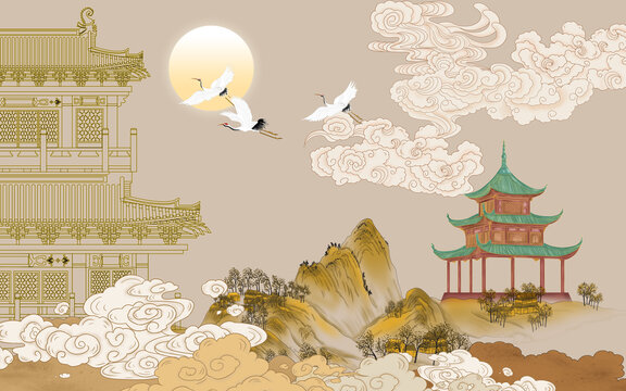 高端線描樓閣山水畫