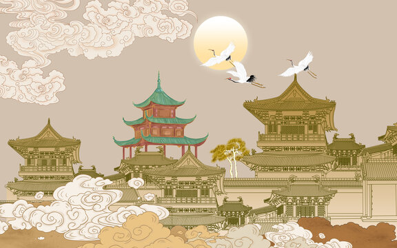 線描樓閣祥云背景墻