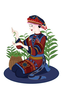 手繪瑤族采茶少女插畫