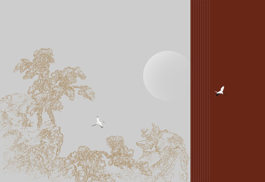 中式禪意線描山水壁畫工筆山水畫