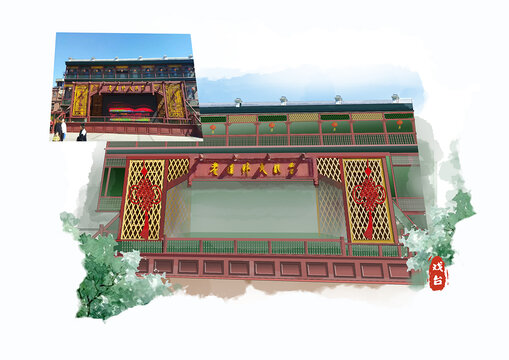 哈爾濱地標(biāo)建筑戲臺手繪插畫
