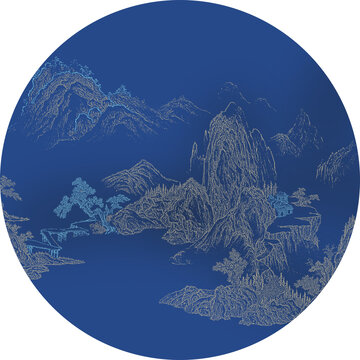 手繪線描山水描金山水圓形畫