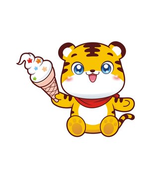 卡通可愛小老虎拿冰淇淋形象
