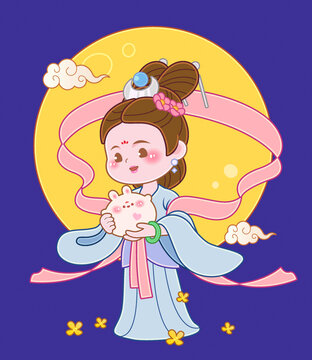 中秋兔子嫦娥美食節(jié)日插畫(huà)