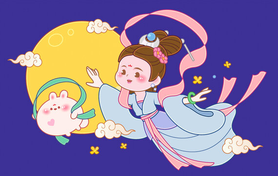 中秋兔子嫦娥美食節(jié)日插畫