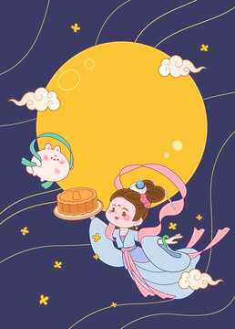 中秋兔子嫦娥美食節(jié)日插畫