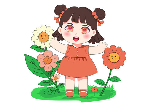 向日葵鮮花小女孩卡通圖案