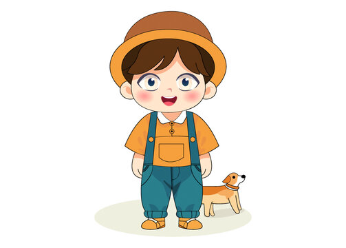 六一可愛卡通戴帽子小男孩和小狗