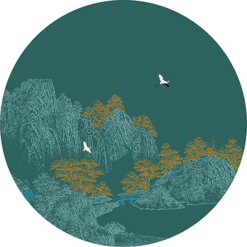 新中式圓形精雕肌理線描山水畫(huà)