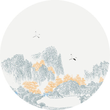 圓形線描山水描金山水圓形框畫(huà)