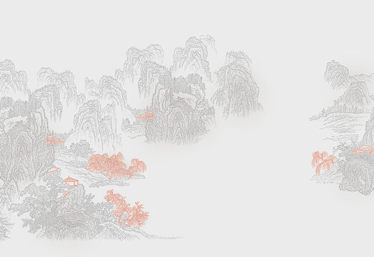 手繪線描古建筑山水畫中式畫