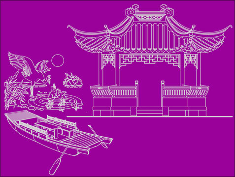 江南水鄉(xiāng)亭子劃船水鳥圖