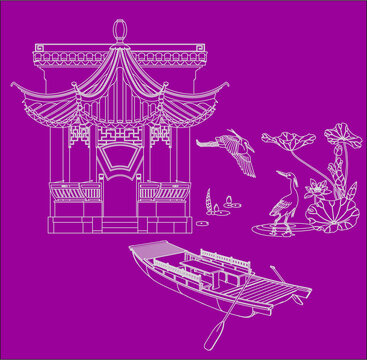 紹興蘭亭劃船水鳥(niǎo)圖