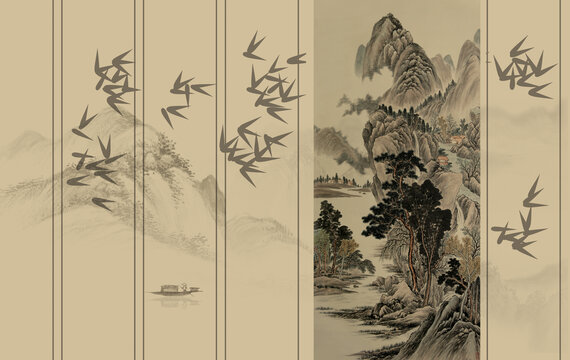 新中式山水背景墻壁畫