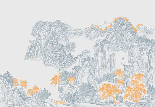 線描描金山手繪線描古建筑山水畫(huà)