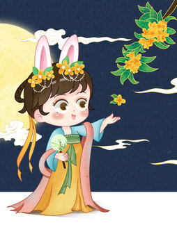 中秋玉兔女孩國(guó)潮插畫