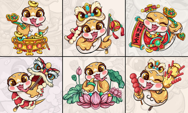 卡通蛇可愛(ài)蛇新年國(guó)潮插畫合集