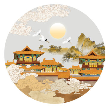 古建筑山水畫