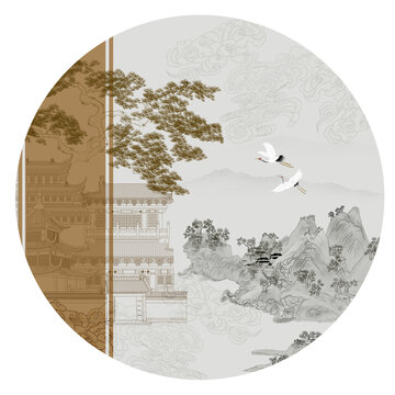 中式樓閣刺繡山水