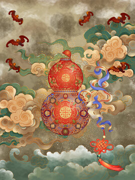 葫蘆祥云新年節(jié)日祝愿插畫