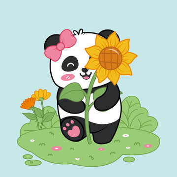 可愛熊貓向日葵矢量插畫
