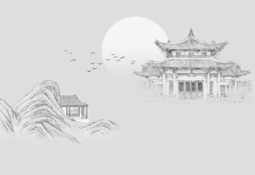 意境山水建筑背景墻