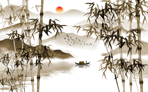 中式墨竹山水畫(huà)