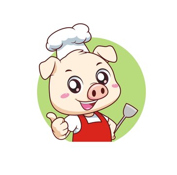 卡通可愛小豬廚師拿鍋鏟頭像