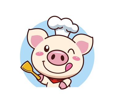 卡通可愛小豬廚師拿鍋鏟頭像
