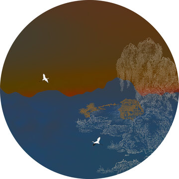 圓形白描山水描金閣樓玄關(guān)畫