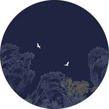 中式圓形框畫手繪描金瑞鶴圖