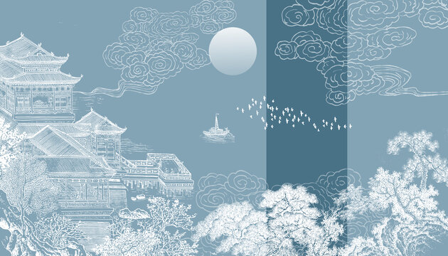 閣樓山水背景墻
