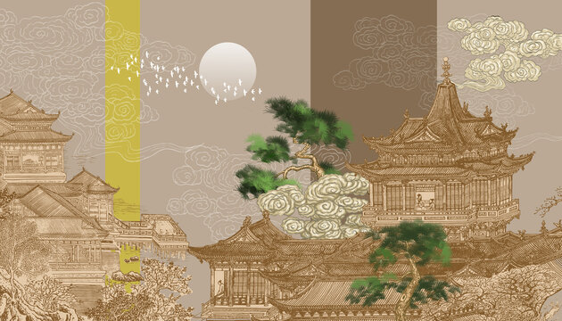中式山水樓閣電視背景墻