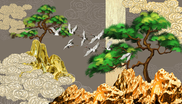 新中式松鶴延年背景墻