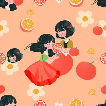 水果與小女孩四方連續(xù)插畫圖案