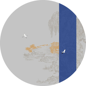 中式圓形描金山水線(xiàn)描山水圖