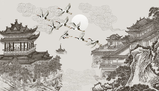 山水閣樓背景壁畫